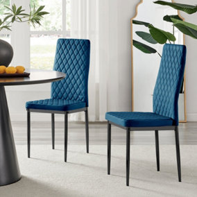 Furniturebox Set of 6 Milan Navy High Back Soft Touch Velvet Diamond Stitched Dining Chairs With Industrial Black  Metal Legs