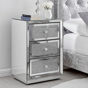 Furniturebox Stella Crushed Diamond Effect Mirrored 3 Drawer Bedside Table