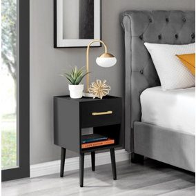 Furniturebox Taylor Black Painted Wooden Bedside Table With 1 Drawer Plus Shelf and Gold Handles