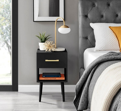 Furniturebox Taylor Black Painted Wooden Bedside Table With 1 Drawer Plus Shelf and Gold Handles