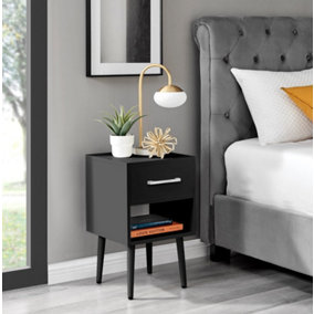 Furniturebox Taylor Black Painted Wooden Bedside Table With 1 Drawer Plus Shelf and Silver Handles