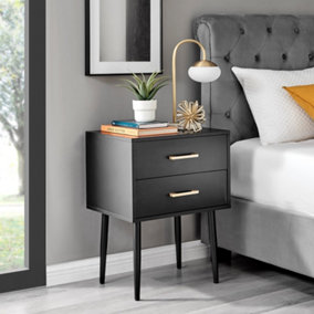 Furniturebox Taylor Black Painted Wooden Bedside Table With 2 Drawers and Silver Handles