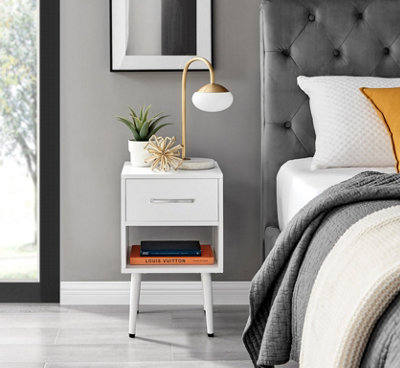 Furniturebox Taylor White Painted Wooden Bedside Table With 1 Drawer Plus Open Storage Space and Silver Handles
