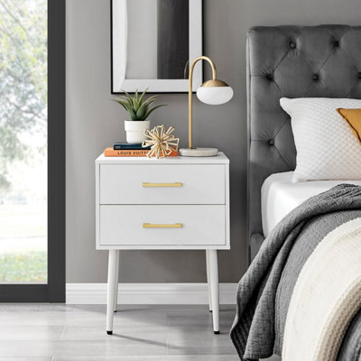 Furniturebox Taylor White Painted Wooden Bedside Table With 2 Drawers and Gold Handles