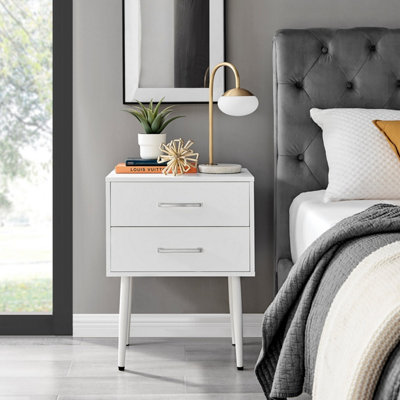 Furniturebox Taylor White Painted Wooden Bedside Table With 2 Drawers and Silver Handles