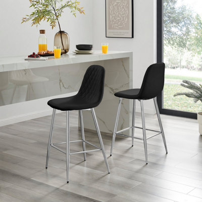 Furniturebox UK 2x Bar Stool Chair Corona Black Faux Leather Dining Chair Silver Metal Legs Minimalist Industrial Scandi Style DIY at B Q