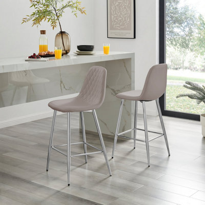 Furniturebox UK 2x Bar Stool Chair - Corona Cappuccino Beige Faux Leather Dining Chair Silver Metal Legs - Minimalist Scandi Style