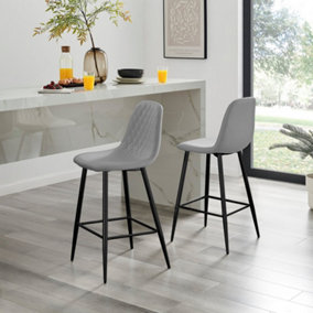 Furniturebox UK 2x Bar Stool Chair - Corona Grey Faux Leather Dining Chair Black Metal Legs - Minimalist Industrial Scandi Style