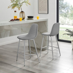 Furniturebox UK 2x Bar Stool Chair - Corona Grey Faux Leather Dining Chair Silver Metal Legs - Minimalist Industrial Scandi Style