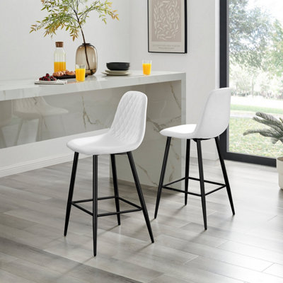 Furniturebox UK 2x Bar Stool Chair - Corona White Faux Leather Dining Chair Black Metal Legs - Industrial Scandi Style