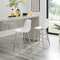 Furniturebox UK 2x Bar Stool Chair - Corona White Faux Leather Dining Chair Silver Metal Legs - Minimalist Scandi Style