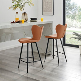 Furniturebox UK 2x Bar Stool Chair - Kady Burnt Orange Velvet Upholstered Dining Chair Black Metal Legs - Dining Kitchen Furniture