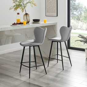 Furniturebox UK 2x Bar Stool Chair - Kady Light Grey Velvet Upholstered Dining Chair Black Metal Legs - Dining Kitchen Furniture