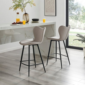 Furniturebox UK 2x Bar Stool Chair - Kady Pale Taupe Beige Velvet Upholstered Dining Chair Black Metal Legs - Kitchen Furniture