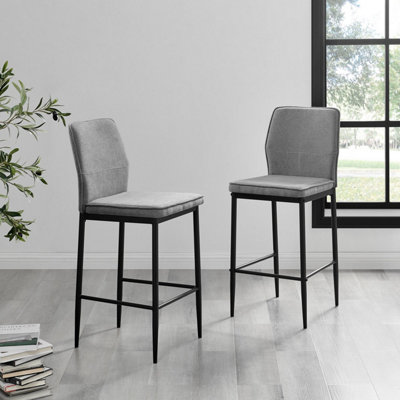 Furniturebox UK 2x Bar Stool Chair - Nika Dark Grey Fabric Upholstered Dining Chair Black Metal Legs - Dining Kitchen Furniture