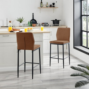 Furniturebox UK 2x Bar Stool Chair - Nika Rust Burnt Orange Brown Fabric Upholstered Dining Chair Black Metal Legs