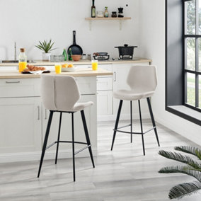 Furniturebox UK 2x Bar Stool Chair - Nyla Cream Fabric Upholstered Dining Chair Black Metal Legs - Kitchen Furniture