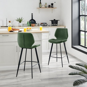 Furniturebox UK 2x Bar Stool Chair - Nyla Dark Green Fabric Upholstered Dining Chair Black Metal Legs - Dining Kitchen Furniture