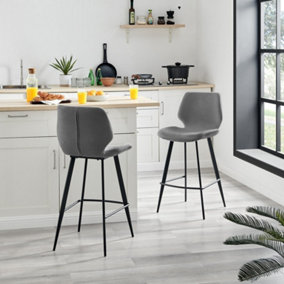Furniturebox UK 2x Bar Stool Chair - Nyla Dark Grey Fabric Upholstered Dining Chair Black Metal Legs - Dining Kitchen Furniture