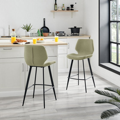 Furniturebox UK 2x Bar Stool Chair - Nyla Light Sage Green Fabric Upholstered Dining Chair Black Metal Legs - Kitchen Furniture