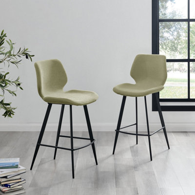 Furniturebox UK 2x Bar Stool Chair - Nyla Light Sage Green Fabric Upholstered Dining Chair Black Metal Legs - Kitchen Furniture