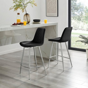 Furniturebox UK 2x Bar Stool Chair - Pesaro Black Velvet Upholstered Dining Chair Silver Metal Legs - Dining Kitchen Furniture