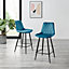Furniturebox UK 2x Bar Stool Chair - Pesaro Blue Velvet Upholstered Dining Chair Black Metal Legs - Dining Kitchen Furniture