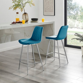 Furniturebox UK 2x Bar Stool Chair - Pesaro Blue Velvet Upholstered Dining Chair Silver Metal Legs - Dining Kitchen Furniture