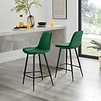 Furniturebox UK 2x Bar Stool Chair - Pesaro Green Velvet Upholstered Dining Chair Black Metal Legs - Dining Kitchen Furniture
