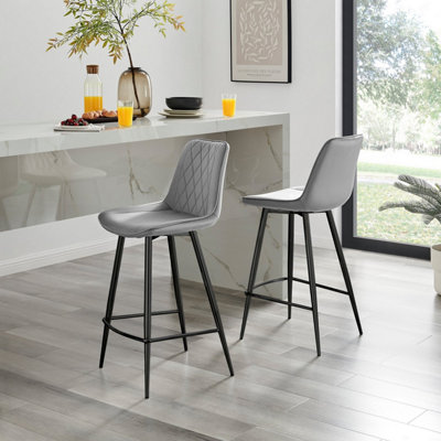 Furniturebox UK 2x Bar Stool Chair - Pesaro Grey Velvet Upholstered Dining Chair Black Metal Legs - Dining Kitchen Furniture