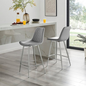 Furniturebox UK 2x Bar Stool Chair - Pesaro Grey Velvet Upholstered Dining Chair Silver Metal Legs - Dining Kitchen Furniture