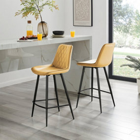 Furniturebox UK 2x Bar Stool Chair - Pesaro Mustard Yellow Velvet Upholstered Dining Chair Black Metal Legs - Kitchen Furniture