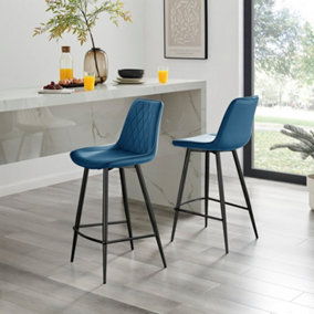 Furniturebox UK 2x Bar Stool Chair - Pesaro Navy Blue Velvet Upholstered Dining Chair Black Metal Legs - Kitchen Furniture