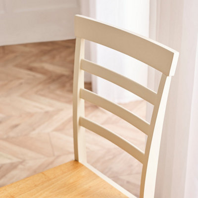Furniturebox UK 2x Wood Dining Chair - Whitby Cream Wooden Chairs - Oak Stain Seat - Solid Rubberwood Pair Of Dining Room Chairs