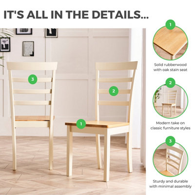 Furniturebox UK 2x Wood Dining Chair - Whitby Cream Wooden Chairs - Oak Stain Seat - Solid Rubberwood Pair Of Dining Room Chairs