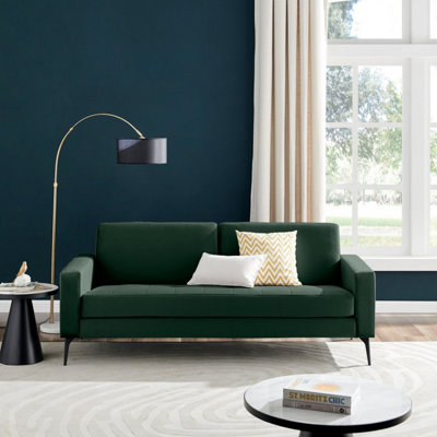 Furniturebox UK 3 Seater Sofa - 'Ralph' Green Velvet Sofa Black Metal Legs - Minimalist Contemporary Sofa Design with Clean Lines