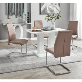 Furniturebox UK 4 Seater Dining Set - Imperia White High Gloss Dining Table and Chairs - 4 Beige Lorenzo Chrome Dining Chairs