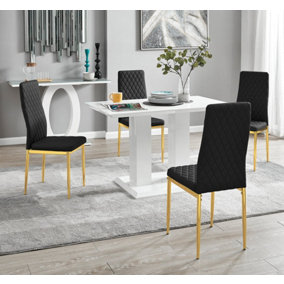 Furniturebox UK 4 Seater Dining Set - Imperia White High Gloss Dining Table and Chairs - 4 Black Gold Leg Milan Chairs
