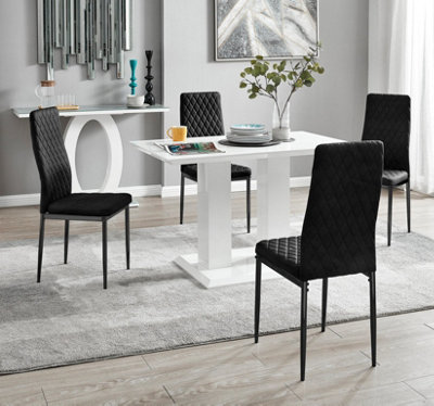 Furniturebox UK 4 Seater Dining Set - Imperia White High Gloss Dining Table and Chairs - 4 Black Velvet Milan Black Leg Chairs