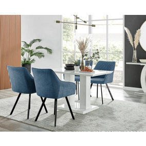 Furniturebox UK 4 Seater Dining Set - Imperia White High Gloss Dining Table and Chairs - 4 Blue Falun Black Leg Chairs