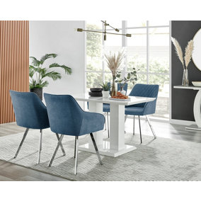Furniturebox UK 4 Seater Dining Set - Imperia White High Gloss Dining Table and Chairs - 4 Blue Falun Silver Leg Chairs