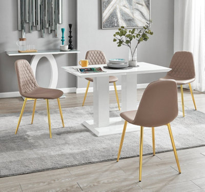 Furniturebox UK 4 Seater Dining Set - Imperia White High Gloss Dining Table and Chairs - 4 Cappuccino Beige Corona Gold Chairs