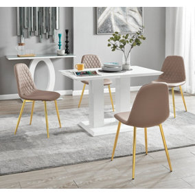 Furniturebox UK 4 Seater Dining Set - Imperia White High Gloss Dining Table and Chairs - 4 Cappuccino Beige Corona Gold Chairs