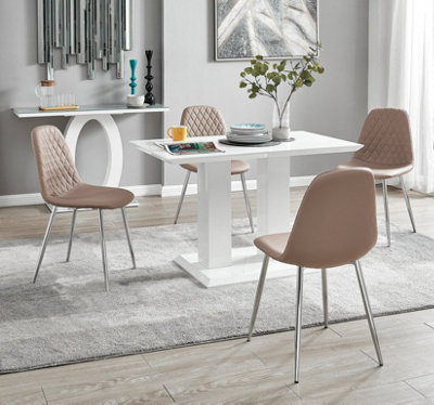 Furniturebox UK 4 Seater Dining Set Imperia White High Gloss Dining Table and Chairs 4 Cappuccino