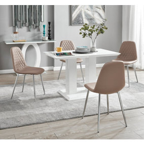 Furniturebox UK 4 Seater Dining Set - Imperia White High Gloss Dining Table and Chairs - 4 Cappuccino Beige Corona Silver Chairs