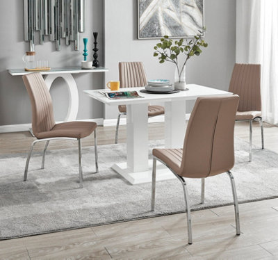 Furniturebox UK 4 Seater Dining Set - Imperia White High Gloss Dining Table and Chairs - 4 Cappuccino Beige Isco Chairs