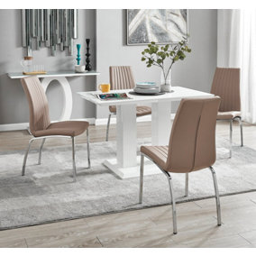 Furniturebox UK 4 Seater Dining Set - Imperia White High Gloss Dining Table and Chairs - 4 Cappuccino Beige Isco Chairs