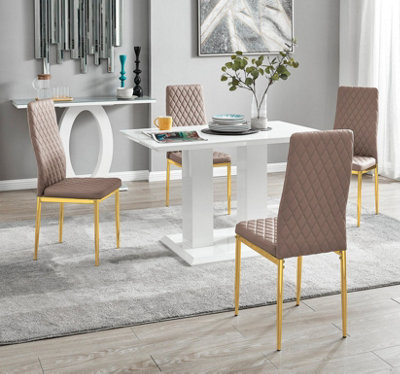 Furniturebox UK 4 Seater Dining Set - Imperia White High Gloss Dining Table and Chairs - 4 Cappuccino Gold Leg Milan Chairs