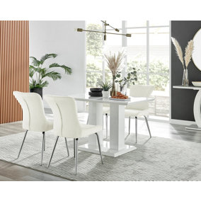 Furniturebox UK 4 Seater Dining Set - Imperia White High Gloss Dining Table and Chairs - 4 Cream Nora Silver Leg Chairs
