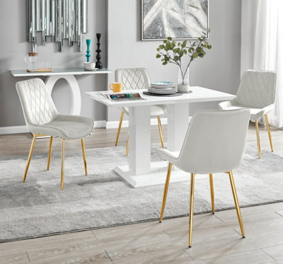 Furniturebox UK 4 Seater Dining Set - Imperia White High Gloss Dining Table and Chairs - 4 Cream Pesaro Gold Leg Chairs
